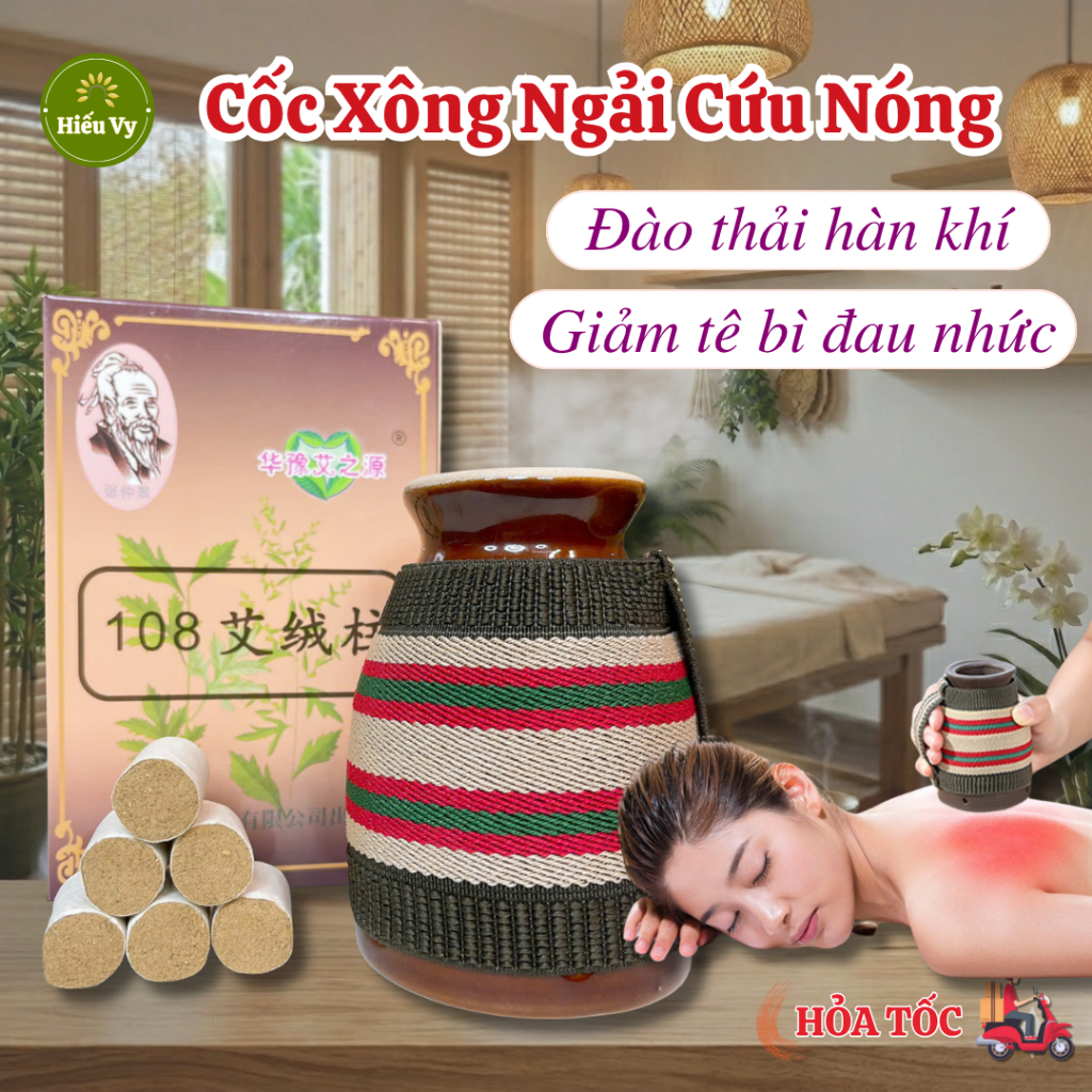 Cốc Xông Ngải Cứu Gốm Đông Y đào thải hàn khí, giảm tê bì đau nhức mỏi, giảm lạnh bụng kèm viên ngải cứu thơm