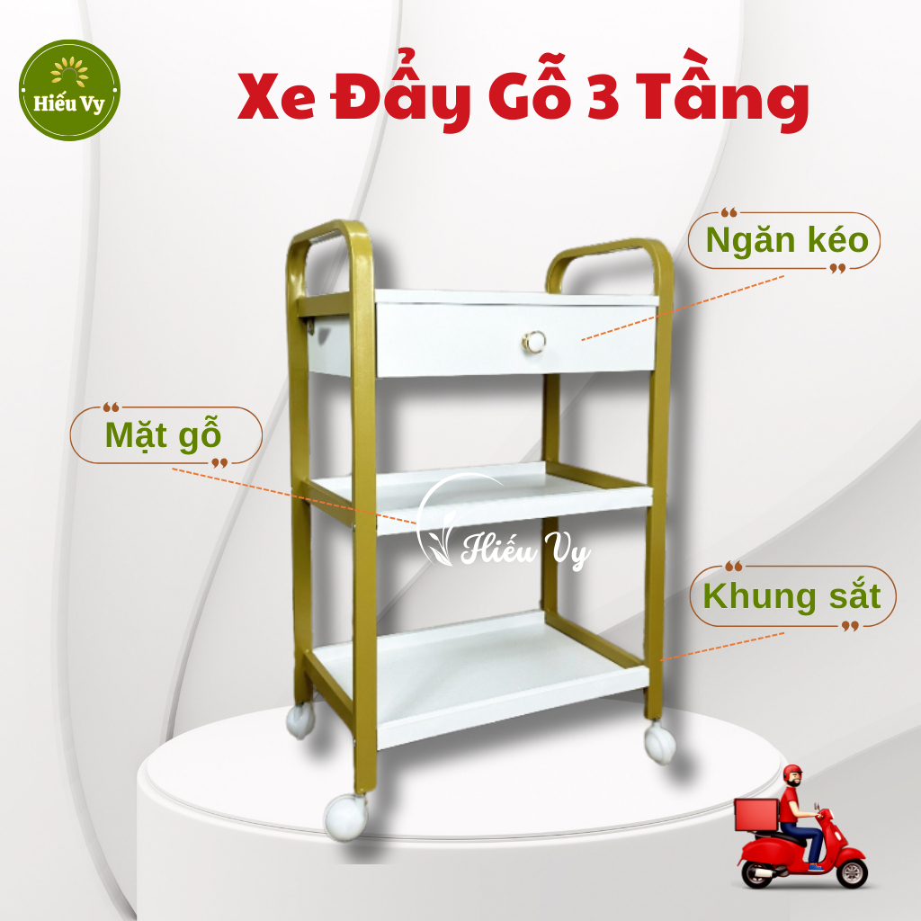 Xe đẩy spa 3 tầng mâm gỗ khung sắt mạ vàng cao cấp có ngăn kéo | Kệ gỗ đựng đồ spa