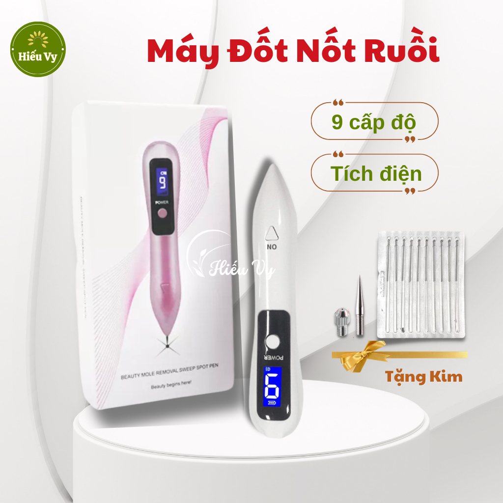 (Kèm kim) Máy đốt nốt ruồi, mụn thịt tích điện 9 cấp độ có đèn chiếu sáng đầy đủ phụ kiện