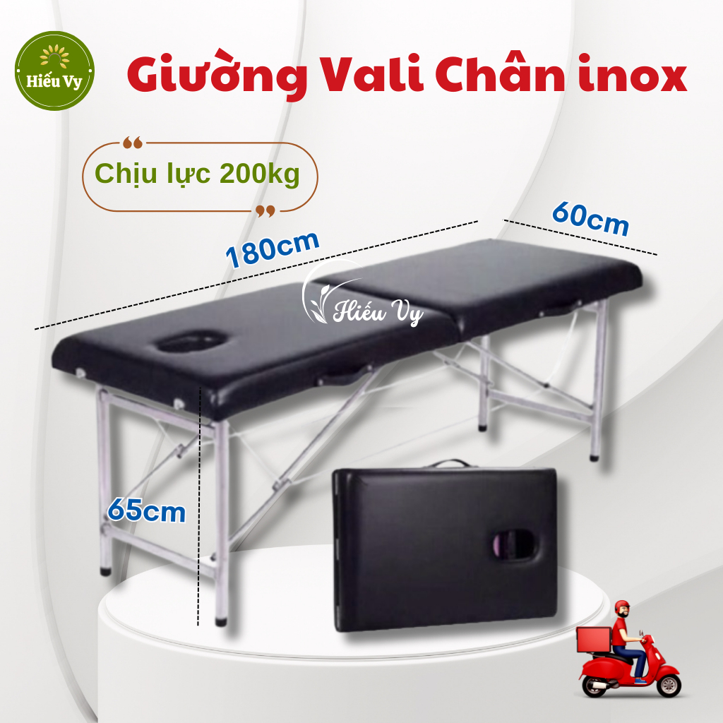 [Chịu lực 200kg] Giường Vali chân inox chắc chắn gấp gọn 180*60*65cm nhập khẩu đủ phụ kiện | Giường phun xăm gấp gọn