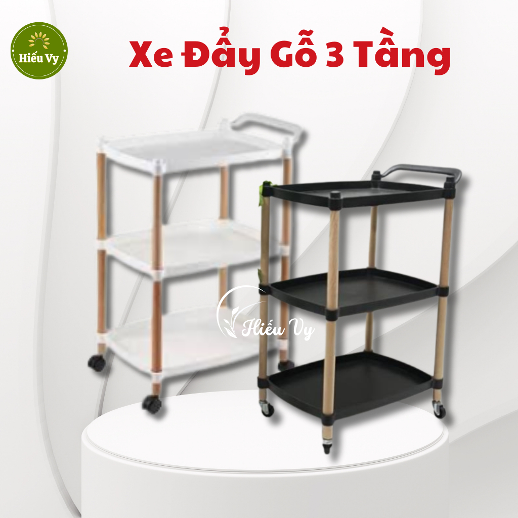 Xe đẩy spa 3 tầng mặt nhựa khung gỗ 68*32*45cm | Kệ gỗ spa 3 tầng chắc chắn