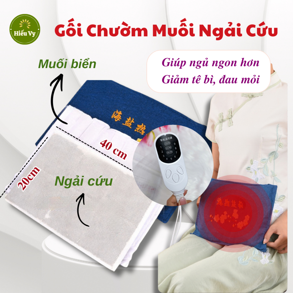 (Kèm điều khiển) Gối chườm ấm thảo dược Ngải Cứu + Muối Biển giúp sưởi ấm, giảm tê bì đau nhức, giảm đau bụng kinh