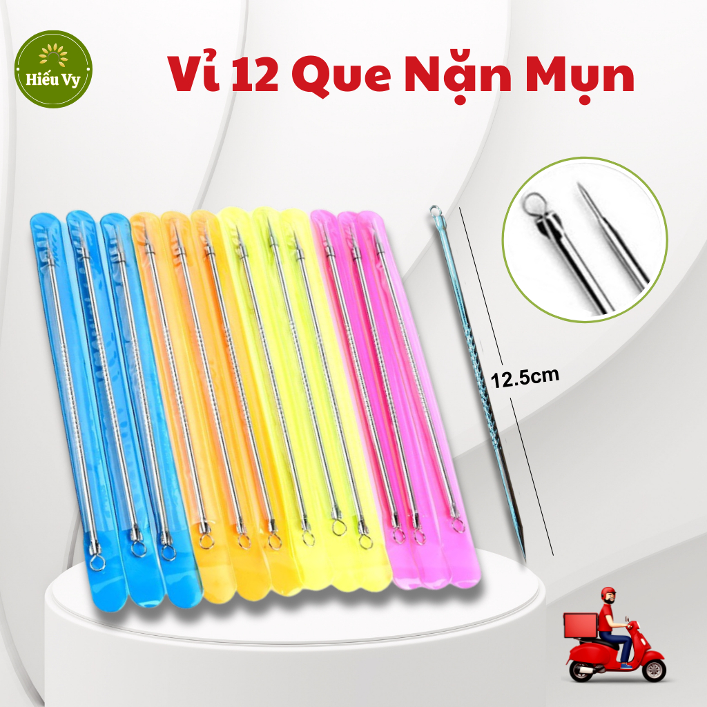 Vỉ 12 que nặn mụn 2 đầu thép không gỉ | Kim lấy mụn vỉ 12 cây
