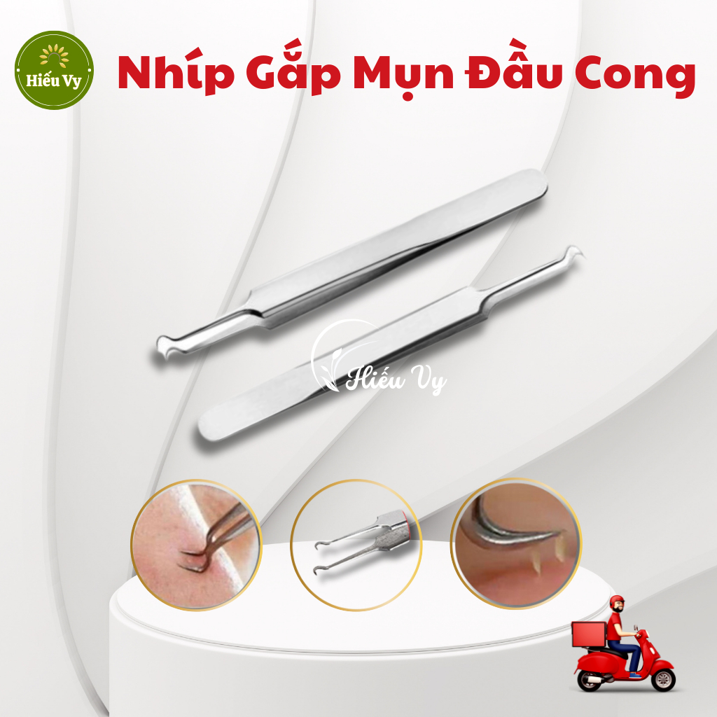 Nhíp  gắp mun cám, mụn đầu đen, sợi bã nhờn dạng đầu cong chất liệu thép không gỉ