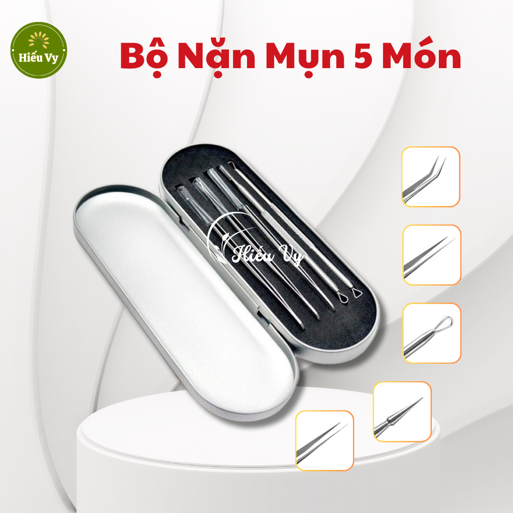 Bộ Dụng Cụ Nặn Mụn 5 Món inox Cao Cấp Không Gỉ ( 3 Nhíp + 2 Que Nặn Mụn ) Chuyên Dụng Cho Spa/TMV