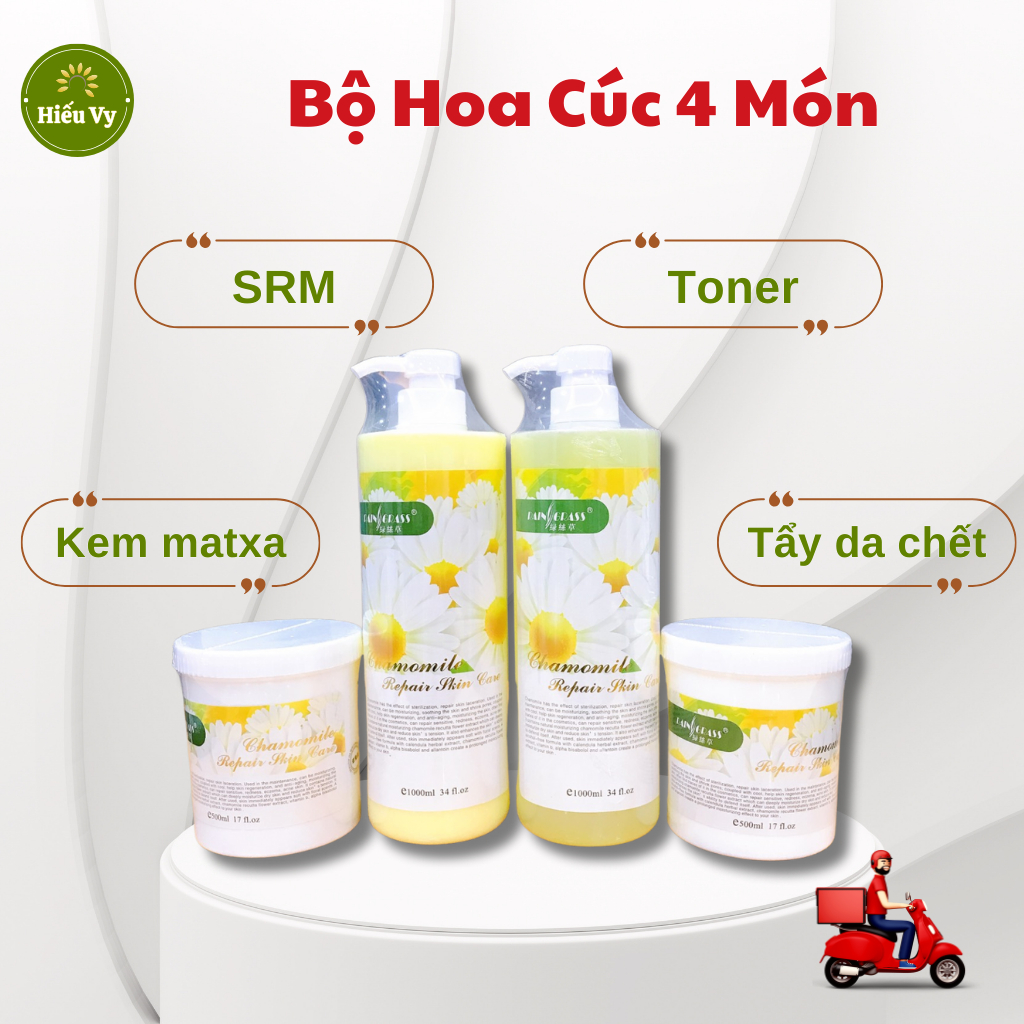 [Date 2026] Bộ Chăm Sóc Da Hoa Cúc 4 Món Cho Spa - Kem Massage Mặt , Tẩy Da Chết, Nước Hoa Hồng, Sữa Rửa Mặt Hoa Cúc