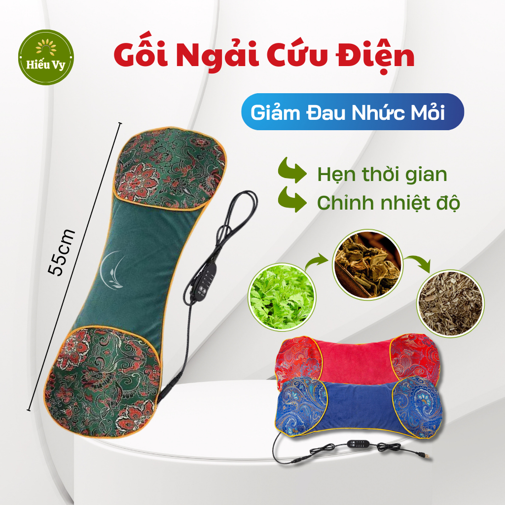Gối ngải cứu thảo dược cắm điện kê cổ kê lưng, thiết kế công thái học ngủ ngon giảm đau nhức mỏi